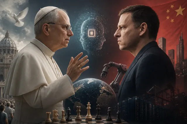 AI-generated editorial illustration for the debate between Pope Leo XIV and Peter Thiel over AI regulation