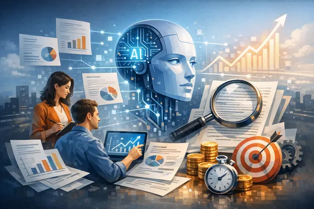Graphs, charts, and AI icons representing marketing ROI measurement and analytics