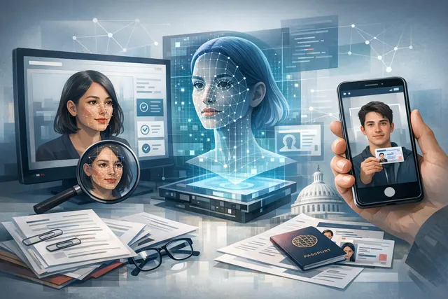 Abstract visualization of an AI face detection scan overlaying a smartphone screen showing TikTok interface