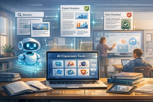 AI-generated illustration of a classroom with students using digital devices and AI-powered learning tools