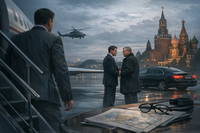 AI-generated editorial illustration of CIA Director John Ratcliffe’s secret Moscow intelligence meetings