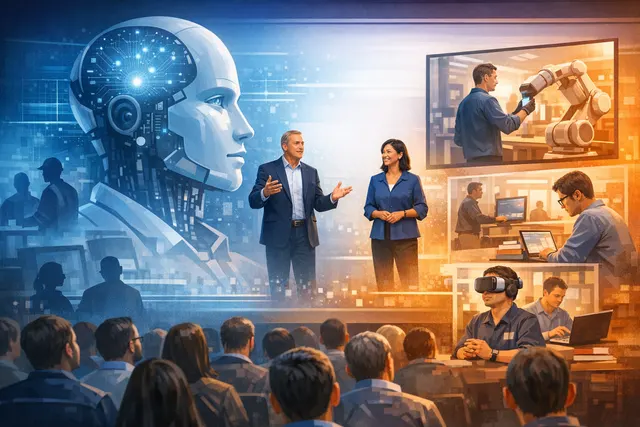 Executives at HSBC and Walmart working alongside AI systems, with humans in the foreground and digital graphics in the background, illustrating the tension between automation and h