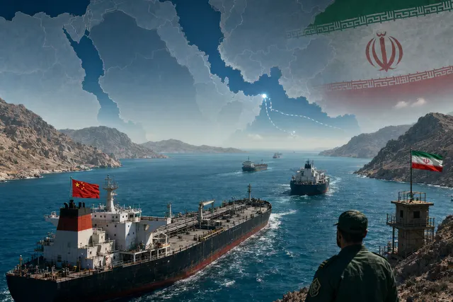 Oil tanker navigating the Strait of Hormuz amid military tension and restricted shipping lanes