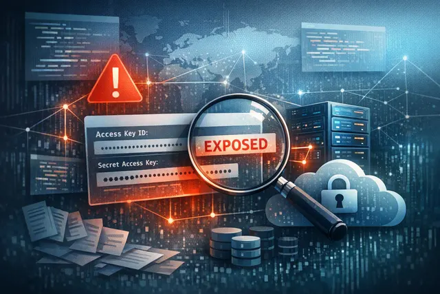 Editorial illustration of exposed AWS credentials and cloud account security risk