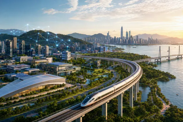 Illustration of a planned northern Hong Kong district combining technology development, transport, housing and green space