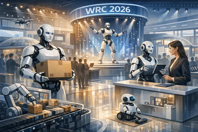 Humanoid robots and industrial machines demonstrating real-world tasks at WRC 2026 in Beijing