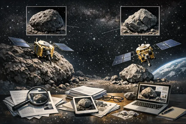 Illustration showing two asteroid flybys: a spacecraft approaching a small, irregular asteroid (Kamoʻoalewa) and a spacecraft passing a two-lobed snowman-shaped asteroid (Torifune)