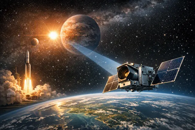Illustration of NASA’s Pandora small satellite observing an exoplanet as it passes in front of its host star