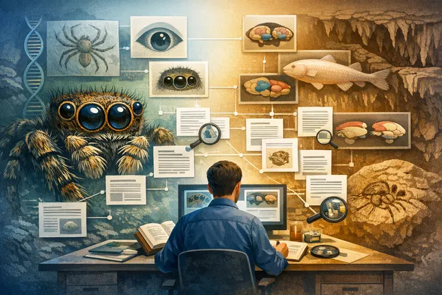 Conceptual illustration of evolutionary tinkering, showing a spider eye and a fish brain with overlapping genetic and neural circuit motifs.