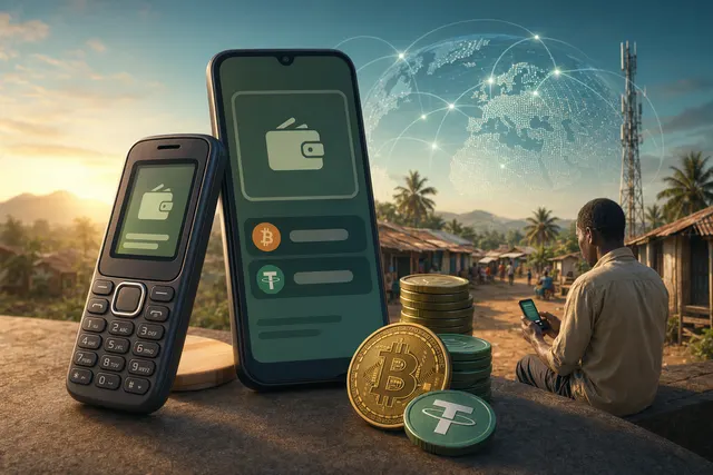 Illustration of a lightweight crypto wallet running on feature phones for Bitcoin and USDT payments