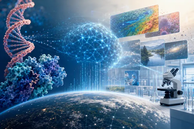 Editorial illustration representing AI tools for genomics, weather forecasting and scientific research