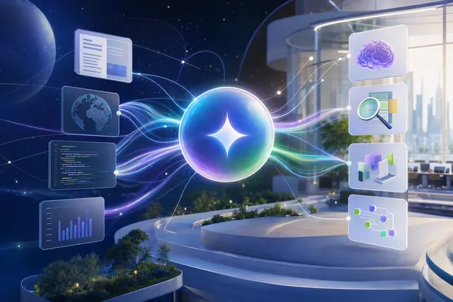 Conceptual illustration of an AI agent coordinating workplace tasks across digital tools