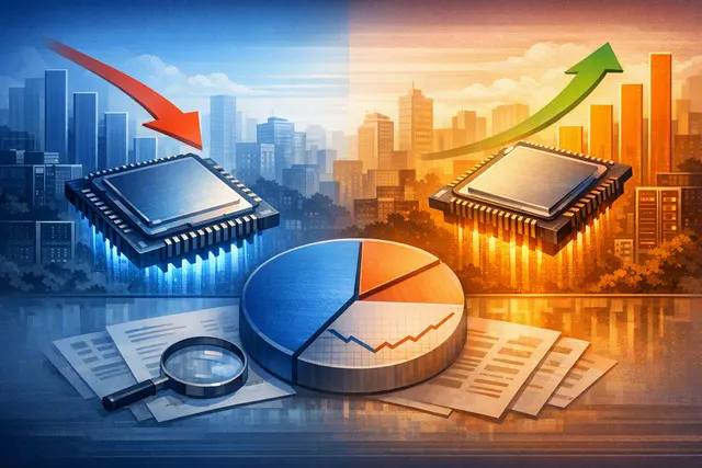 Editorial illustration of Intel and AMD processors competing in the Q2 2026 x86 CPU market