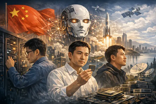 Editorial illustration of Chinese AI founders and open-weight models challenging Silicon Valley