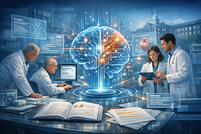 Conceptual illustration representing AI-driven discovery of CAR T cell therapy targets, combining DNA helix, immune cells, and large language model processing.