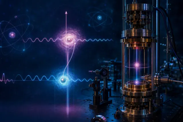 Illustration of an ultracold atom wave packet split between a stationary path and a freely falling path in the Quantum Galileo Interferometer