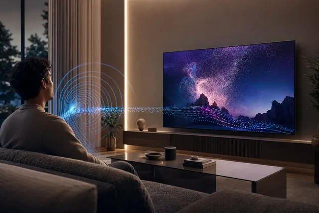Illustration of a smart TV using spatial hearing AI to isolate voices in a noisy living room