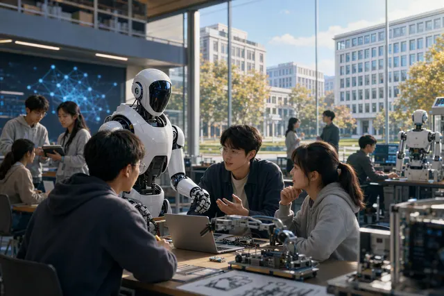 Illustration of humanoid and wheeled robots in a university research setting