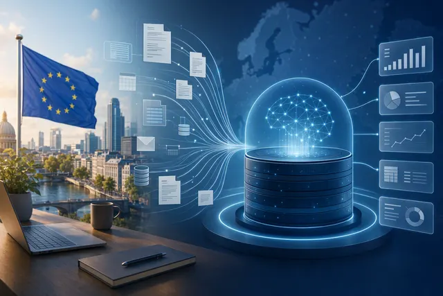 Illustration of a European SME data platform connecting business systems for analytics and AI