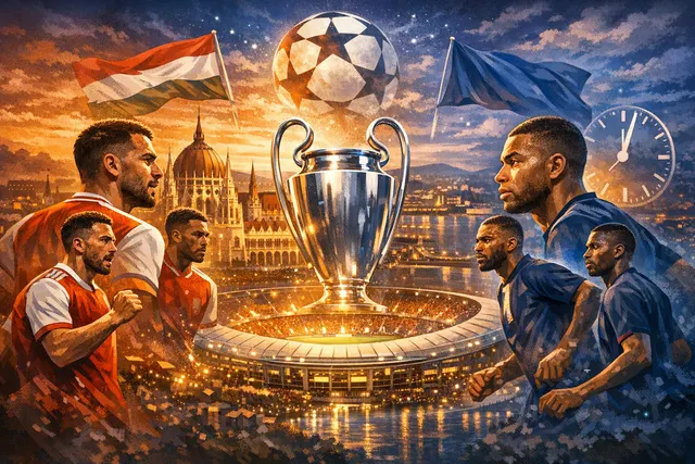 Arsenal and PSG players competing in the 2026 Champions League final at Puskás Aréna in Budapest