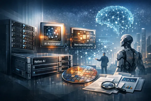 AMD Advancing AI 2026 keynote: Helios rack-scale AI system, Instinct MI455X GPU, and EPYC Venice CPU on stage