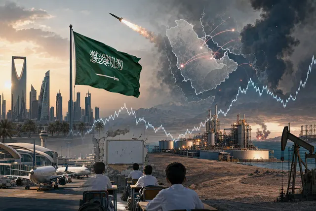 AI-generated editorial illustration representing missile and drone threats to Saudi Arabia and regional oil routes