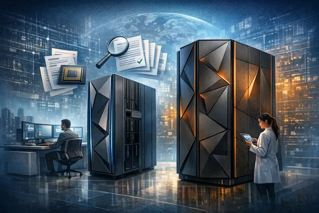 Editorial illustration representing IBM's new compact z17 mainframe and LinuxONE 5 systems with rack-mount and single-frame form factors