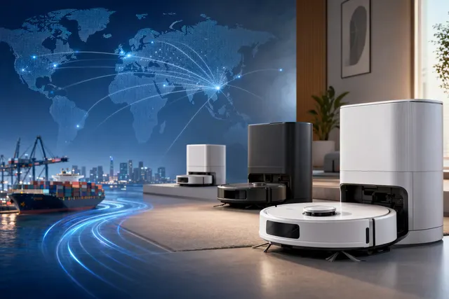 Illustration of a home-cleaning robot vacuum representing the global consumer robotics market