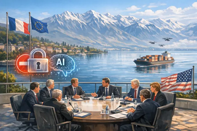 Illustration of G7 summit fractured by US AI export controls, showing world leaders and a locked AI model