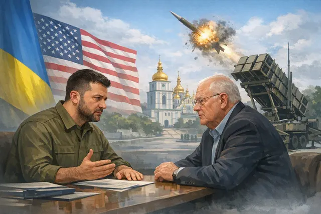 AI-generated editorial illustration of Volodymyr Zelensky and Keith Kellogg discussing Ukraine's Patriot missile needs