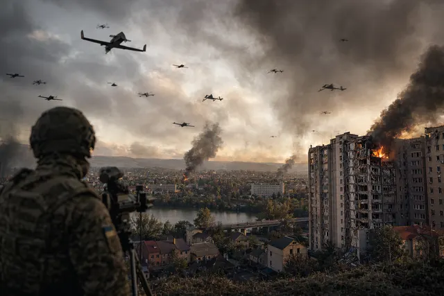 Illustration of a large drone swarm attack over western Ukraine near the Slovak border