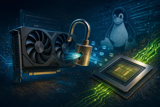 Editorial illustration of a GeForce graphics card alongside glowing matrix-computation graphics