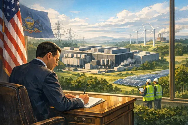 Illustration of a large AI data center campus and surrounding Pennsylvania community