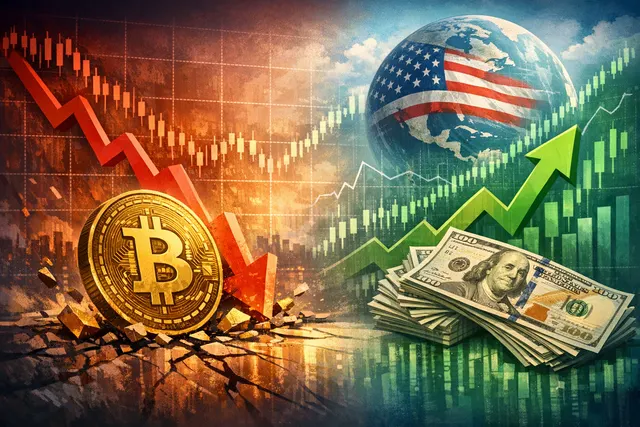 Bitcoin price chart showing decline below $63,000 with U.S. Dollar Index overlay and technical support levels highlighted