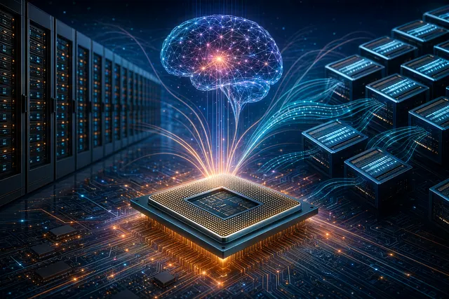 Conceptual AI data center showing CPUs and GPUs working together in next‑generation infrastructure