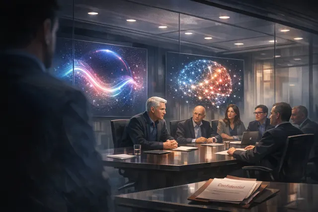 Abstract illustration of a secret Apple executive meeting leading to a Siri AI overhaul and Google Gemini partnership