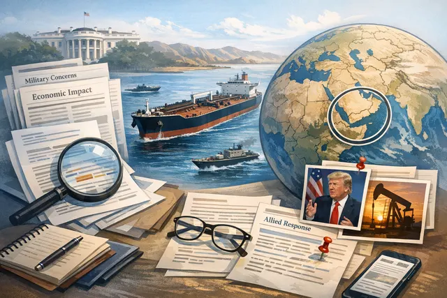AI-generated editorial hero image of the Strait of Hormuz with shipping lanes and geopolitical overlay, representing the transit fee crisis and rapid policy reversal.
