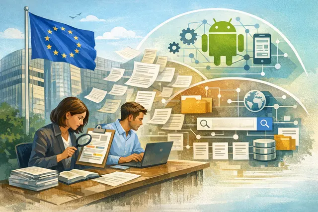 Illustration of the European Commission and Google logos on opposite sides of a mobile phone, symbolizing the regulatory battle over Android interoperability and user security unde