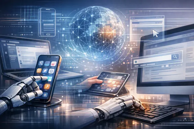 Illustration of an AI GUI agent operating phone and computer screens with clicks, typing, and swipes