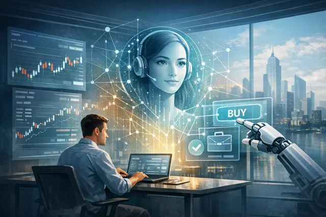 Abstract illustration of an AI neural network connecting to financial trading charts and data.