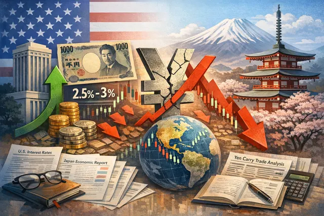 Japanese yen banknotes and US dollar bills arranged around a descending arrow chart, illustrating the yen's 40-year low and hedge fund bearish bets.