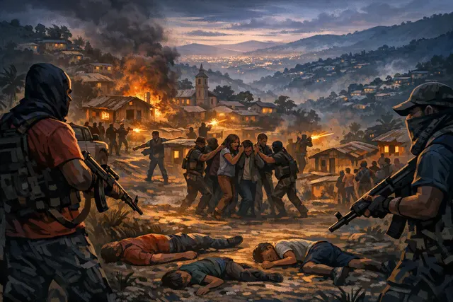 Illustrated editorial depiction of the Kenscoff gang attack and displaced residents in Haiti