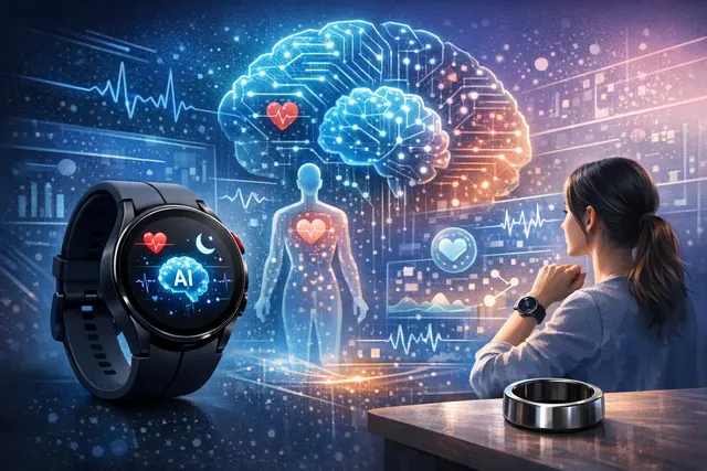 Samsung Health app redesign and AI features interface on a smartphone with a Galaxy Watch in the background, representing Samsung’s 2026 health platform overhaul.