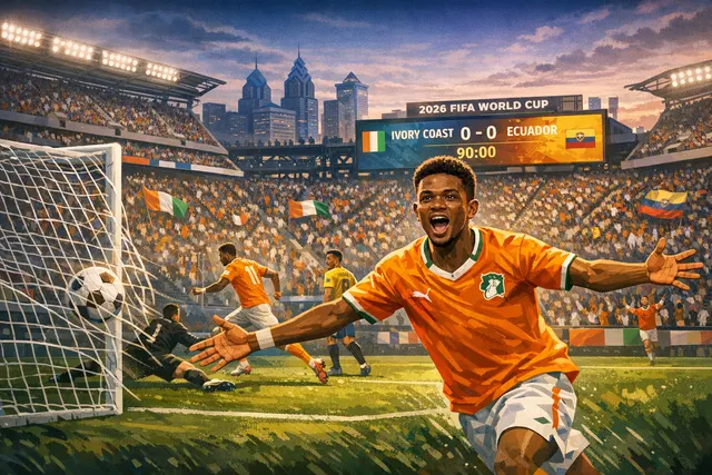 Amad Diallo celebrates his dramatic 90th-minute winning goal for Ivory Coast against Ecuador at the 2026 FIFA World Cup in Philadelphia.