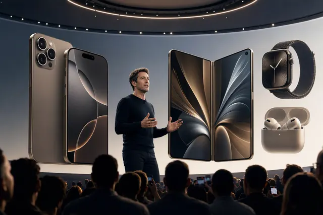 AI-generated editorial illustration of Apple’s September 2026 product showcase featuring the iPhone Duo foldable