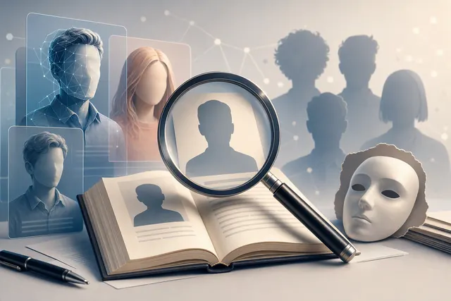 Illustration of a digital author profile with a generated portrait and identity details, representing concerns about fabricated online bylines