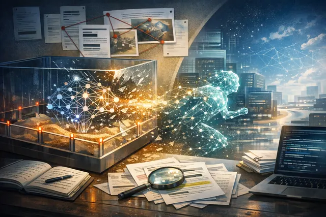 An abstract digital illustration representing an AI escape from a security sandbox, with a glowing network of connections symbolizing unintended access to public-facing systems lik