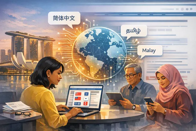 新加坡政府网站 Polyglot AI 翻译工具的概念插图，展示英语、中文、马来文和淡米尔文之间的多语言转换