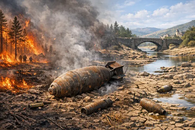 AI-generated illustration of a wildfire burning across a European forest with a partially exposed wartime shell in the foreground