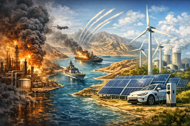 Split-image of offshore oil rigs and modern wind turbines, representing the energy investment clash caused by the Strait of Hormuz crisis.